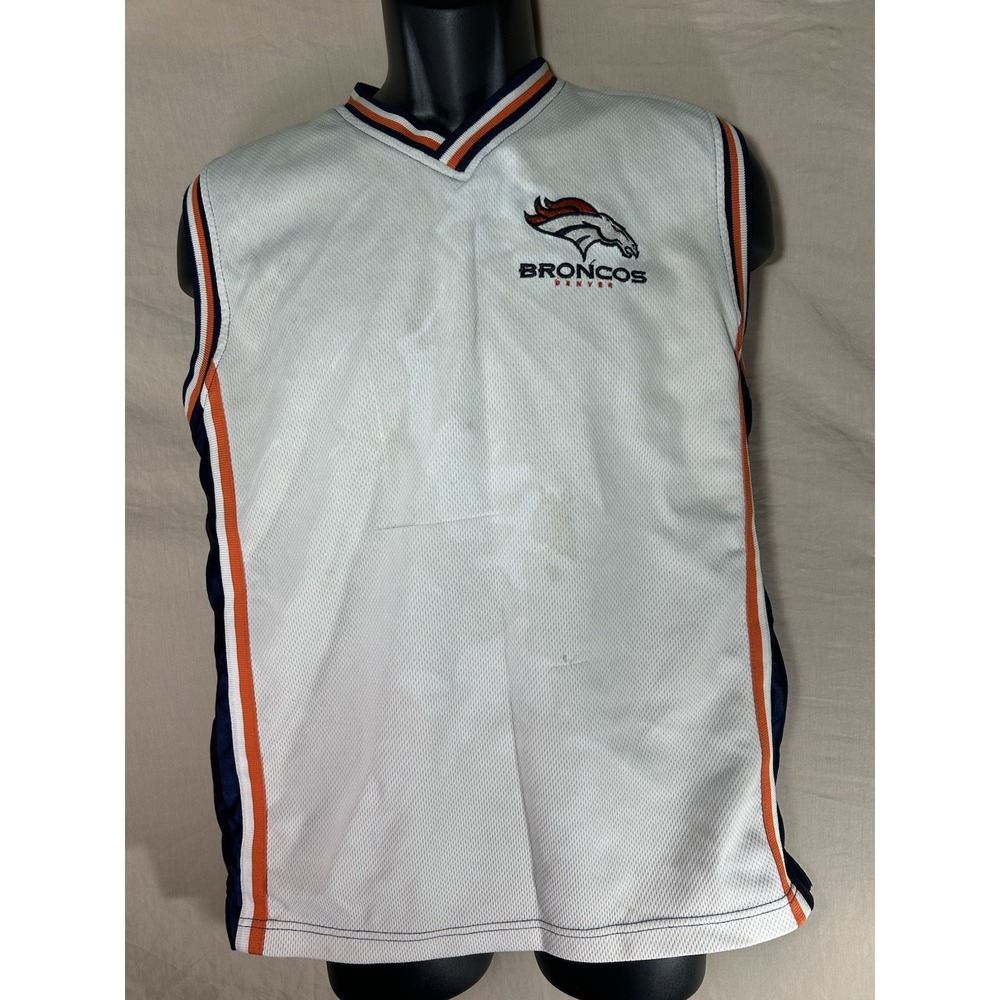 Vintage Denver Broncos NFL Sleeveless Jersey Mens Large White Blue Orange Mesh